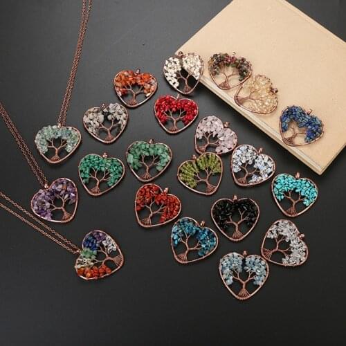 New Tree of Life Pendant Necklace Natural Copper Crystal Stone Necklace Quartz Stones Heart-shaped Roots Pendants Wicca Jewelry