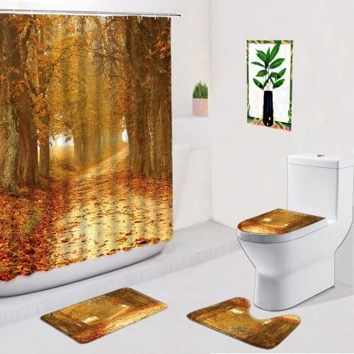 Autumn Scenery Shower Curtains Tree Fallen Leaves Bathroom Decor Non-Slip Flannel Carpet Bath Mat Toilet Foot Mats Doormat Set