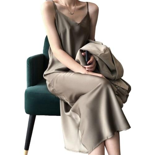 Sexy Acetate Strap Maxi Dresses for Women 2021 Vintage Sleeveless Chiifon Long Party Dress Summer Office Lady Elegant Clothing