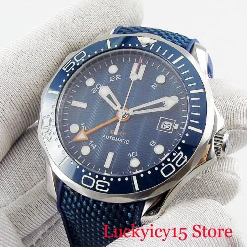 BLIGER Luxury 41mm Self Winding Mens Watch GMT Hand Rubber Strap Sterile Dial Mechanical Wristwatch