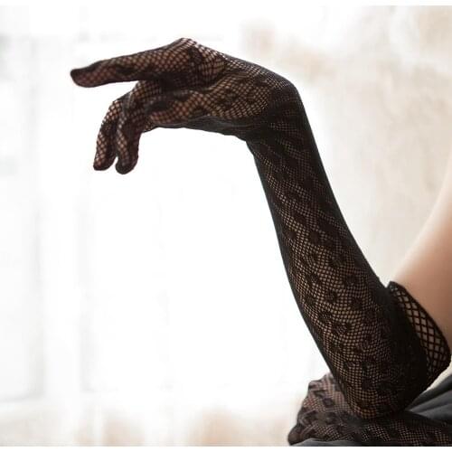 Sexy Lace Long Gloves Winter Elbow Length Half-finger Gloves Ribbon Fingerless Fishnet Mesh Etiquette Party Mesh Gloves Thin