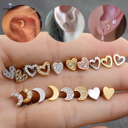 1pc 6mm Bar Clear Gem Inlaid Heart Moon Tragus Piercing Helix Piercing Earrings Stud Nose Ear Piercing Women Men Body Jewelry