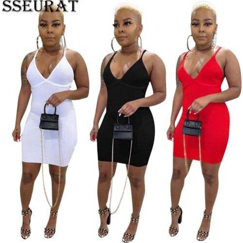 SSEURAT Women Mini Dress Solid Sleeveless Strap V-neck Strechy Bodycon Dresses Sexy Fashion Summer Outfits 2021