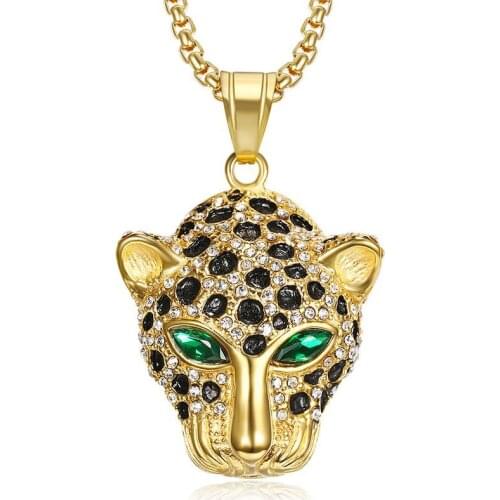 Hip Hop Rhinestones Paved Bling Iced Out Stainless Steel Leopard Panther Animal Pendants Necklaces for Men Rapper Jewelry