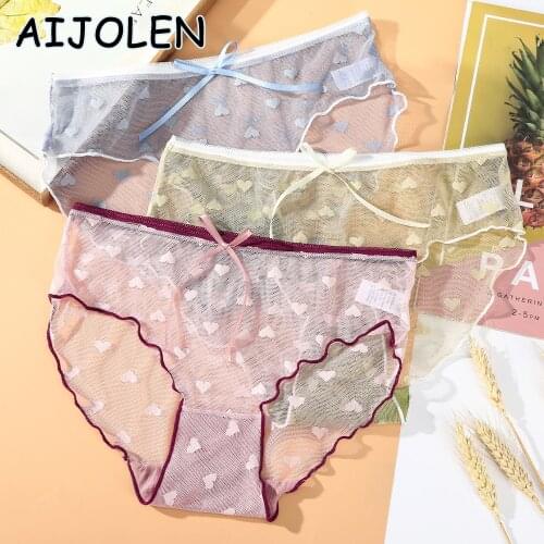 AIJOLEN Womens Love Lace Mid-waist Panties Sexy Thin Breathable Underpants Soft See-through Sexy Panties Bow Cute Underwear