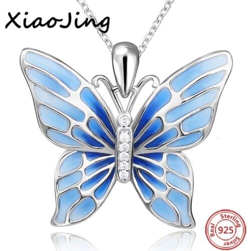 Xiaojing 925 Sterling Silver Blue Butterfly Pendant Necklace Fashion Jewelry Women Animal Necklaces Gift for Friends Free Ship