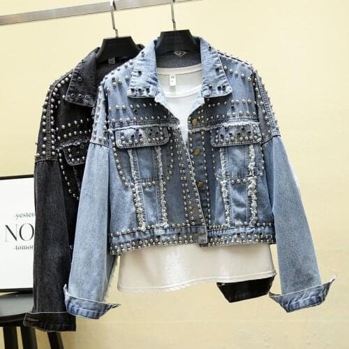 2020 New Autumn Denim Jacket Women Rivet Hand-studded Pearl Beading Short Jeans Jacket Vintage Casual Loose Black Outwear P890