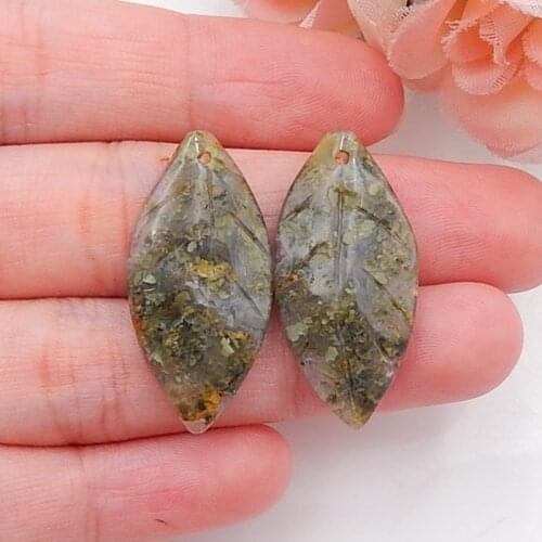 Fashion Semi-precious stones, Jewelry accessories Carved Leaves ocean jasper woman Earring pair,29x14x5mm,4.8g