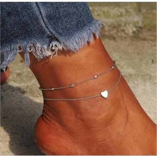 Fashion Jewelry Two Layer Anklet Set Heart Charm Pendant Bead Metal Chain Plated Women Foot Gift