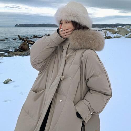 Women Winter Real Raccoon Fox Fur Long Down Jacket Vintage Female 90% White Duck Down Coat Loose Hooded Lady Thick Warm Overcoat