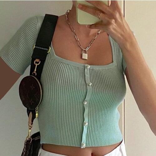2021 Summer Short Sleeve Solid Crop Top t shirt Women Vintage Square Collar Button Short tee Tops Casual Slim Basic t Shirts