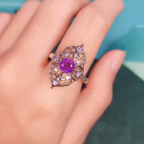 2021 Sterling Silver Fashion Temperament Through Flower Inlaid Natural Amethyst Adjustable Ring For Women Jewelry Christmas Gift