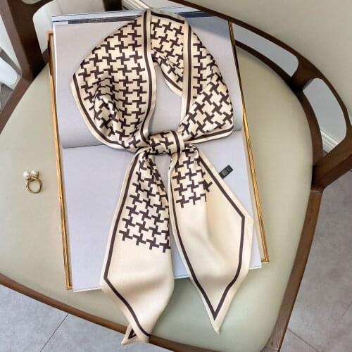2021 Designer Small Silk Narrow Long Plaid Scarf Women Geometric Print Handkerchief Lady Head Hair Band Scarf Kerchief Female
