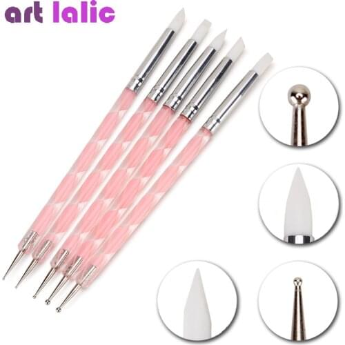 5Pcs 2 Way Nail Art Acrylic Silicone Point Flower Double Head Nail Pen Stainless Steel Dotting Tools Marbleizing Painting Pens
