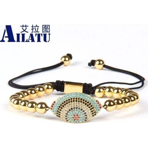 Ailatu Jewelry Wholesale 10pcs/lot 6mm Brass Beads with Classic Micro Pave MultiColor CZ Turkish Lucky Eye Braided Bracelets