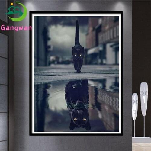 Black cats Reflection panther DIY 5D Diamant Painting Cross Stitch diamond embroidery Needlework Rhinestone puzzle Home Decor