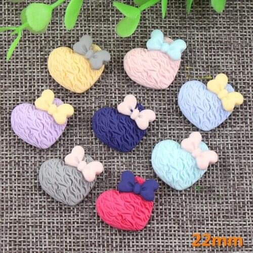 Free Shipping 10pcs 22mm Ribbon Knot Bow Decorated Lovely Heart Resin Cabochons Ornament Accessories Flatback Clay Beads Charms