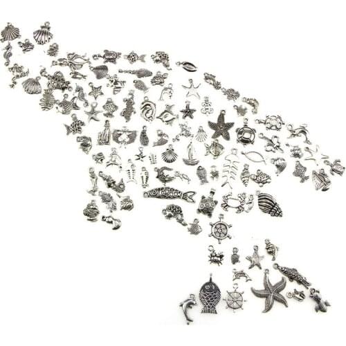 For DIY Charm Handmade Crafts 100PCS Mixed Antique silver-color mini Ocean Dolphin Shell Charms Pendant Jewelry Making
