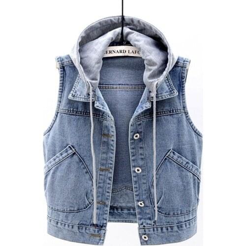 Denim vest women short 2020 spring new hooded big pocket sleeveless jacket all-match slim top cardigan womens vest woman jacket