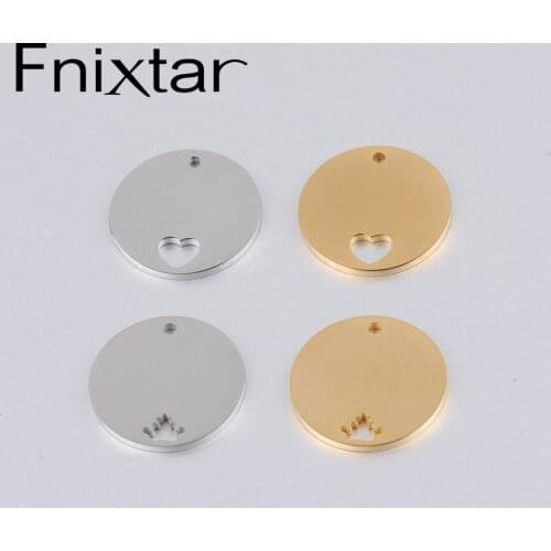 Fnixtar Mirror Polished Stainless Steel Round Plate Charm With Inner Hollow Crown Heart DIY Stamping Charms 20mm 20Piece/lot
