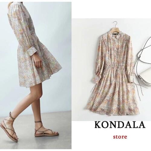 KONDALA Vintage Chic Floral Chiffon Mini Dress Long Sleeve Ruffles O Neck Elegant Women Shirt Dress Fashion Autumn Mujer Vestido