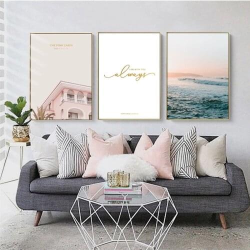 Affiche D'Art Mural Moderne En Toile, Cactus, Palmier, Lettres Anglaises, Maison Rose, Style HawaïEn, Pour DéCor De Chambre D'Hô