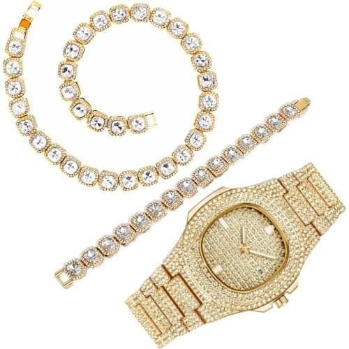 Necklace Watch Bracelet Hip Hop Chain Iced Out Bling Paved CZ Bling for Men Women Gold Iced out men Watches luxury dropshipping