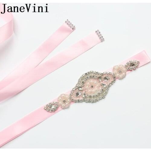 JaneVini Pink Black Bridal Belt Sash Rhinestone Navy Ribbon Wedding Dress Belts Shiny Crystal Pearls Bridesmaid Waistband 2020