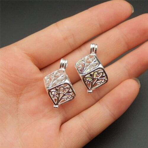 10pcs silver cube pearl cage necklace pendant, aroma oil diffuser adds your own pearl, stone makes it more attractive