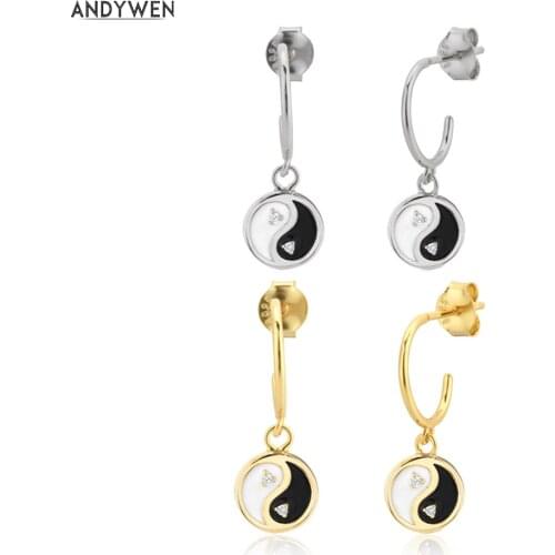 ANDYWEN 925 Sterling Silver Gold Night Day Black White Coins Pendant Drop Earring Rock Punk Jewelry 2021 Circle Clips Piercing