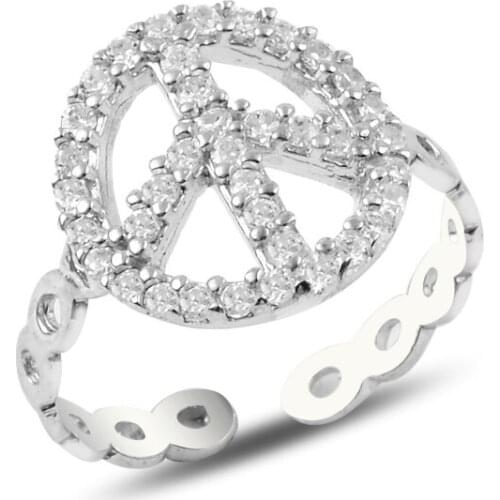 Silverlina Silver Zircon Stone Peace Sign Ring