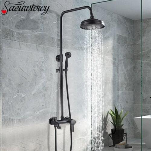 Black Bathroom Shower Faucet Wall Mounted 8 '' Shower Head Bathtub Hot And Cold Water Mixer Rotated Adjust Spout Faucet
