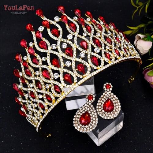 TOPQUEEN HP370 Red Wedding Crowns Royal Zirconia Bridal Crown Bridal Tiara Wedding Crown Rhinestone Wedding Bridal Jewelry Set
