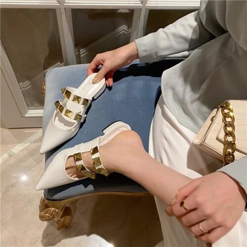 Pointed Leather Square Low Heel Muller Slippers Women 2021 Summer Shoes Women Fashion Rivet Ladies Shoes Large Size 35-43