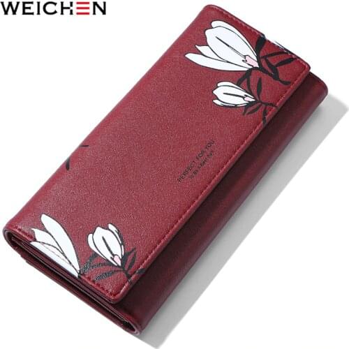 WEICHEN 2021 Designer Flower Print Long Wallet Women PU Leather Female Wallets Purse Carteira Hand Bag Fashion Trifold Clutches