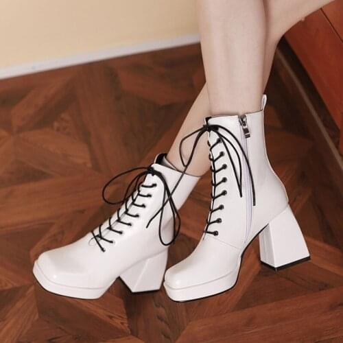 Ochanmeb Chunky Heels Goth Boots Shoes Women High Heels Square Toe Lace up Fall Winter Motorcycle Platform Boot Woman Size 34-43