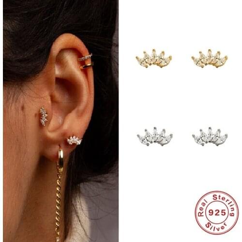 AIDE Fashion Crown Classic Shining Zircon Stud Earrings For Women Small Gold Silver Color Piercing Ears Stud Silver 925 Jewelry