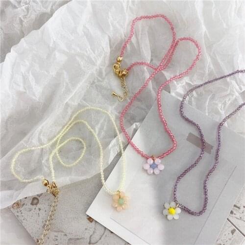 Acrylic Beaded Necklace Bohemian Candy Color Butterfly Rainbow Flower Pendant Short Choker Pearl Necklace Women Party Jewelry