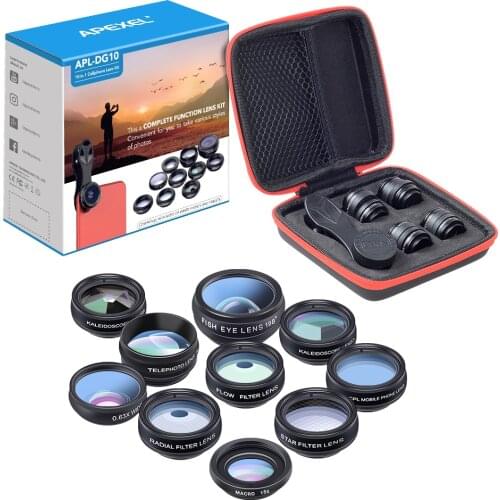APEXEL 10in1 mobile Phone Lens Kit Fish eye Wide Angle Telescope Macro Lens for iphone huawei samsung galaxy android celphones