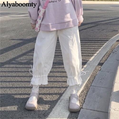 New Japanese Lolita Style Spring Summer Women Pants High Waist Black White Loose Female Trousers Cute Kawaii Sweet Preppy Capris