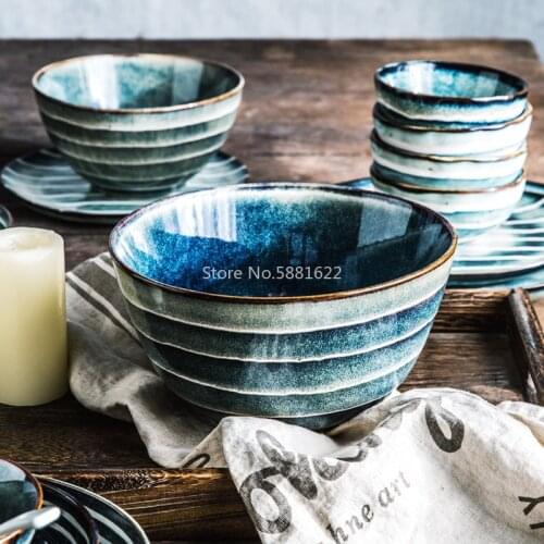 Household Ceramic Nice Rice Bowl Japanese Style Retro Stripes Soup Dish Bowl Large Size Noodle Bowl