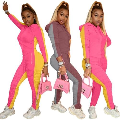 Color Block 2 Piece Set Casual Long Sleeve Hooded Workout Jacket And Stacked Pencil Pants Sportswear Matching Sets Plus Size XXL