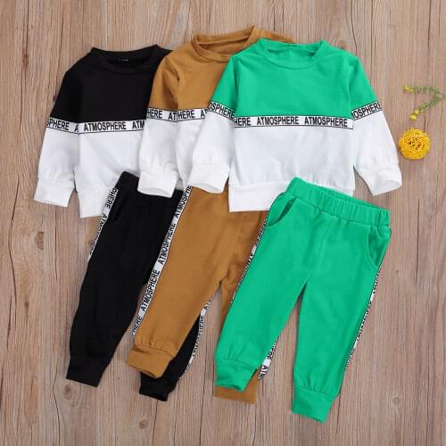 Baby Long-sleeved Trousers Suit Personality Stitching Round Neck T-shirt and Solid Color Elastic Long Pants