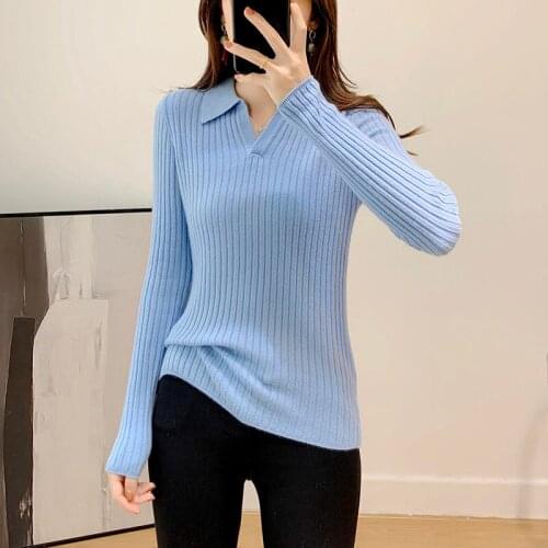 Ladies v-neck cashmere sweater vertical stripes solid color slim slimming 100% wool bottoming shirt 2021 spring and autumn new