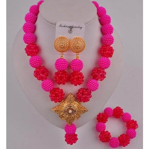 Lovely fuchsia pink costume necklace african jewelry set simulated pearl nigerian wedding set FZZ103-04
