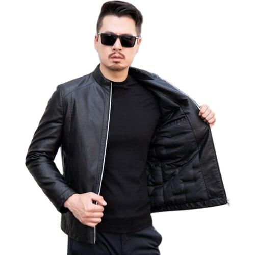 2261 Winter Thicken Genuine Leather Clothes down Jacket Mens Stand Collar Youth Mens Leather Jacket Removable Liner Jacket