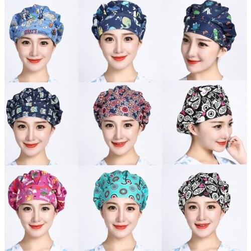 Soft Women Men Working Caps Printed Unisex Cotton Scrub Hat Reuseable Sweatband Bouffant Hats For Home Cleaning Kitchen Work Cap