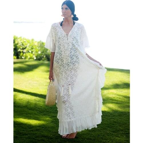 2021 New Arrival Bikini Cover-ups White Lace Tunic Sexy V-neck Plus Size Women Summer Dress Beach Wear Swim Suit Cover Up Q1254