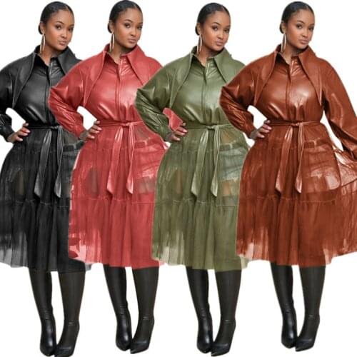 Autumn Women Long Coat Color Patchwork Sheer Mesh Turn Down Collar Bandage Long Coat Clothes For Women Outfit
