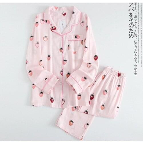 Pyjamas Women Cotton Long Sleeve Trousers Pajama Set Print Strawberry Sleepwear Suit Autumn Female Casual Home Clothes Pijama